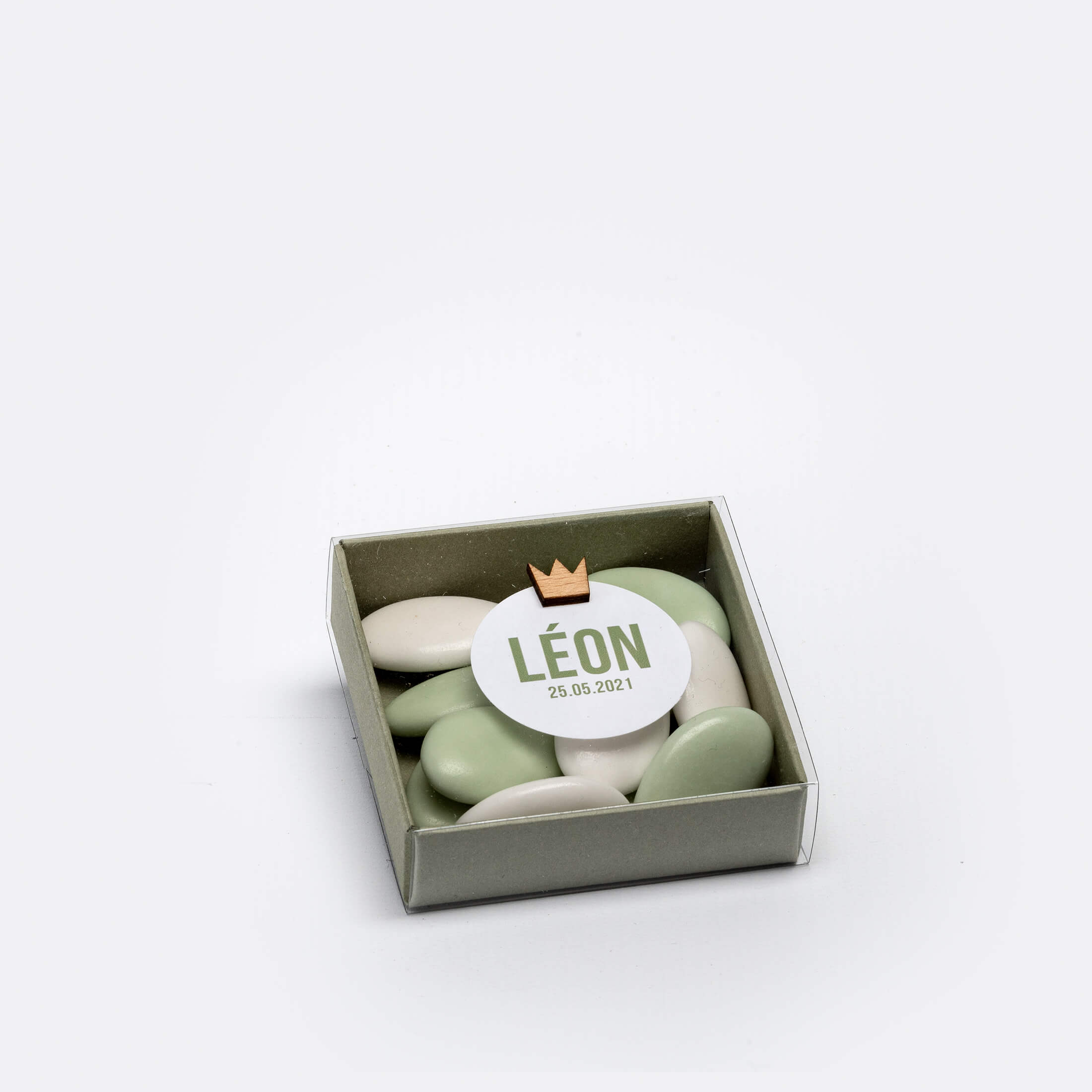 Boîte carrée avec couvercle plexi pour dragées, 5 x 5 cm., couleur jade