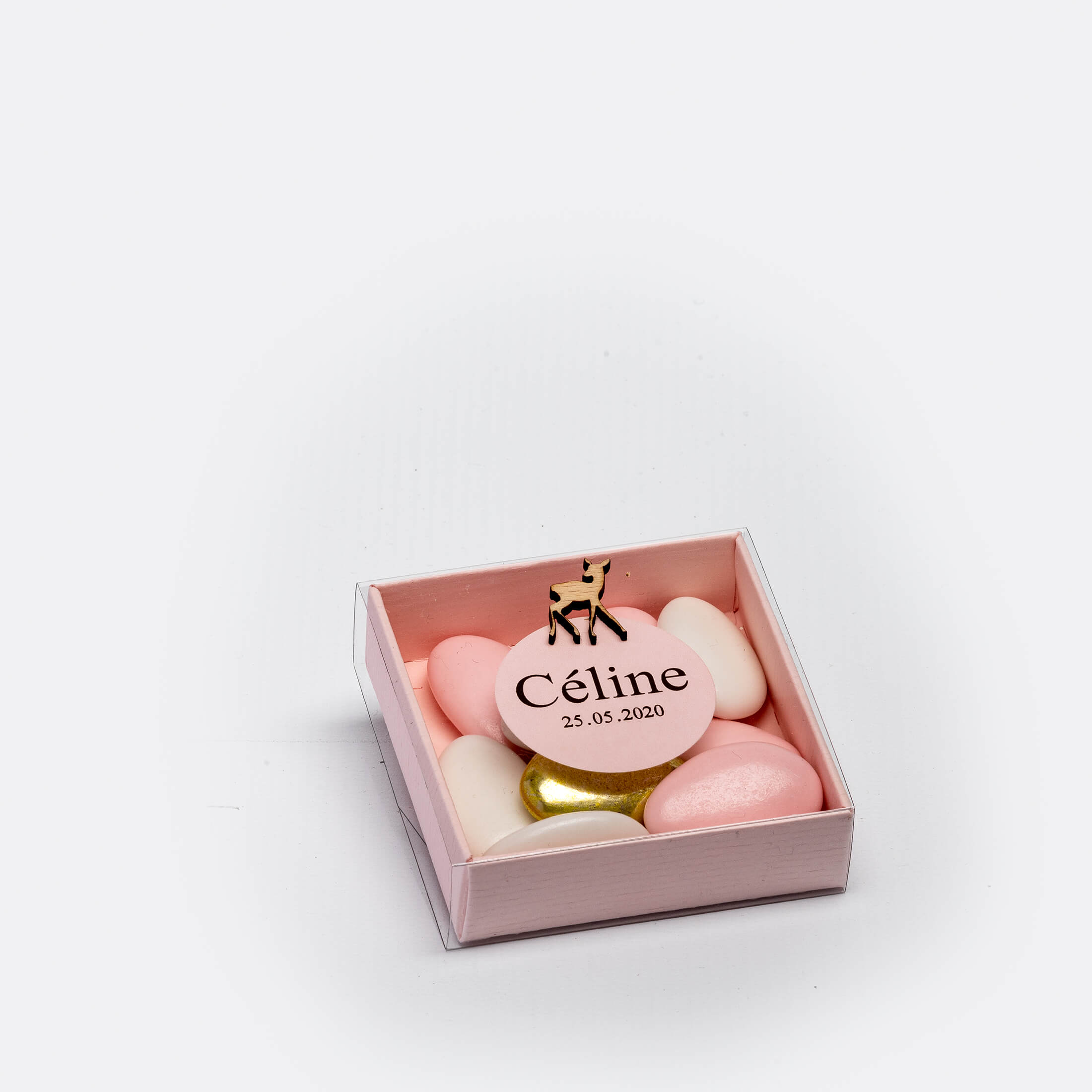 Boîte carrée avec couvercle plexi pour dragées, 5 x 5 cm., couleur rose