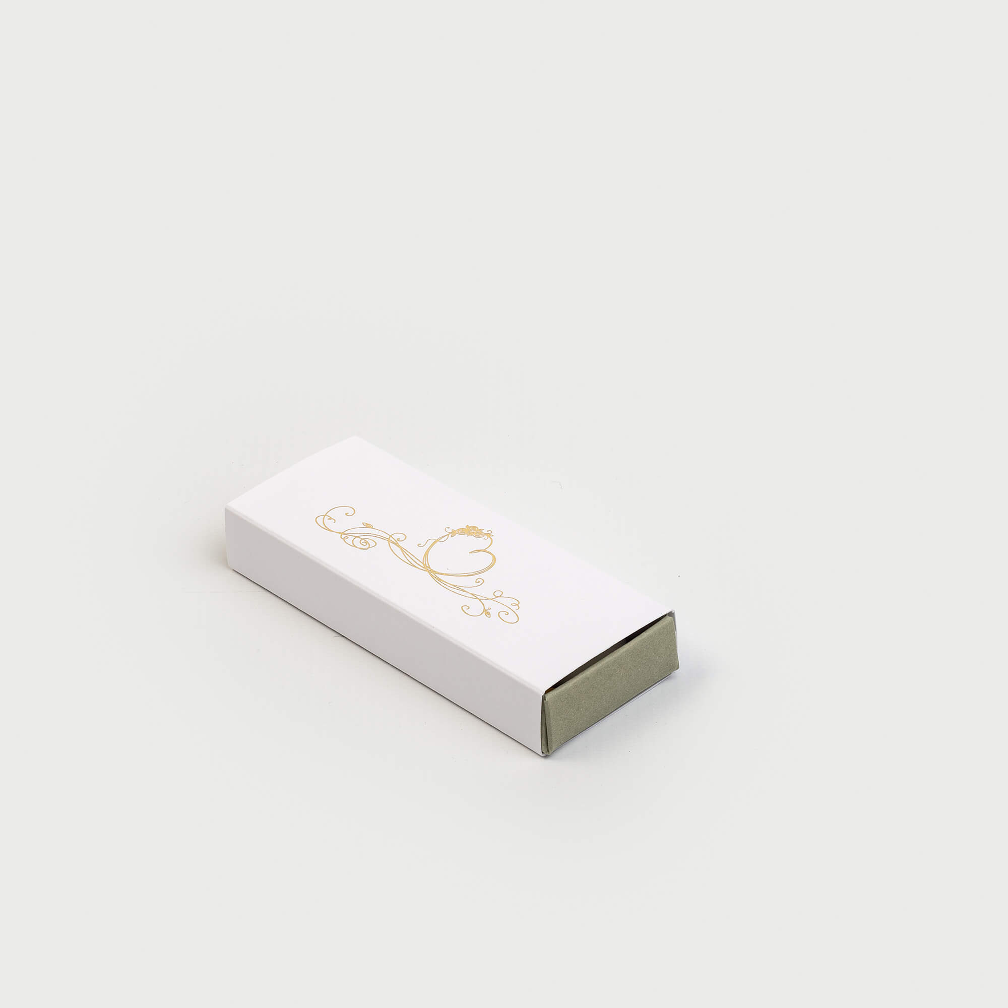 Boîte tiroir pour dragées, 45x110x20, intérieur couleur vert de gris, extérieur couleur blanc, impression dorée